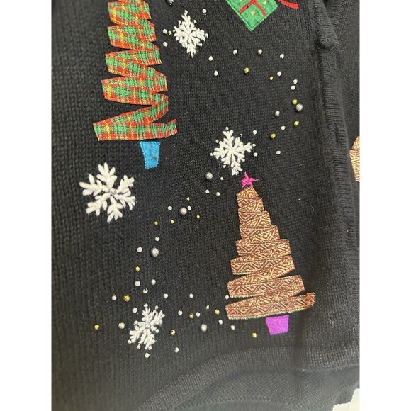 Vintage Black Christmas Cardiagn Petite Large Front Back Holiday Graphic Festive - Picture 4 of 13
